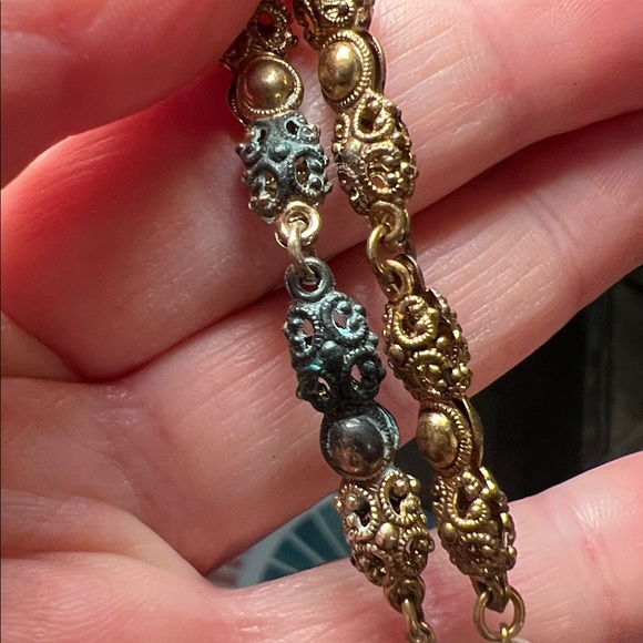 Vintage Mid Century West German Filigree Green Porphyry Slag Glass Necklace - Picture 10 of 12